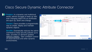 Cisco Security | 73
Cisco Secure Dynamic Attribute Connector
Problem: In a dynamic and multicloud
world, admins struggle to keep up with
ever changing object IPs as workloads
are spun up, down and change.
Solution: Cisco provides a programmatic
way to create, deploy and maintain
dynamic objects.
Benefits: Dramatically reduces the admin
overhead to keep security policies up to
date, provides on demand updates
without a deploy. Gain confident control
of cloud services and other dynamic
environments.
NEW
 
