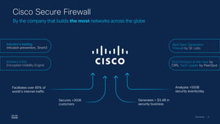 Cisco Security | 8
2023 Product of the Year by
CRN, Tech Leader by PeerSpot
Facilitates over 85% of
world’s internet traffic
Analyzes >550B
security events/day
Generates > $3.4B in
security business
Secures >300K
customers
Cisco Secure Firewall
By the company that builds the most networks across the globe
Industry’s leading
intrusion prevention, Snort3
Industry's first
Encrypted Visibility Engine
Best Next Generation
Firewall by SE Labs
 