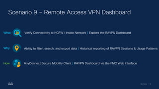 Cisco Security | 86
Scenario 9 – Remote Access VPN Dashboard
Verify Connectivity to NGFW1 Inside Network | Explore the RAVPN Dashboard
What
Ability to filter, search, and export data | Historical reporting of RAVPN Sessions & Usage Patterns
Why
AnyConnect Secure Mobility Client | RAVPN Dashboard via the FMC Web Interface
How
 