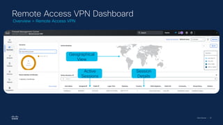 Cisco Security | 87
Remote Access VPN Dashboard
Active
Sessions
Geographical
View
Session
Details
Overview > Remote Access VPN
 