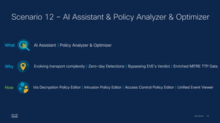 Cisco Security | 99
Scenario 12 – AI Assistant & Policy Analyzer & Optimizer
AI Assistant | Policy Analyzer & Optimizer
What
Evolving transport complexity | Zero-day Detections | Bypassing EVE’s Verdict | Enriched MITRE TTP Data
Why
Via Decryption Policy Editor | Intrusion Policy Editor | Access Control Policy Editor | Unified Event Viewer
How
 