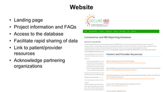 Website
• Landing page
• Project information and FAQs
• Access to the database
• Facilitate rapid sharing of data
• Link to patient/provider
resources
• Acknowledge partnering
organizations
 
