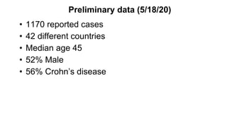 • 1170 reported cases
• 42 different countries
• Median age 45
• 52% Male
• 56% Crohn’s disease
Preliminary data (5/18/20)
 