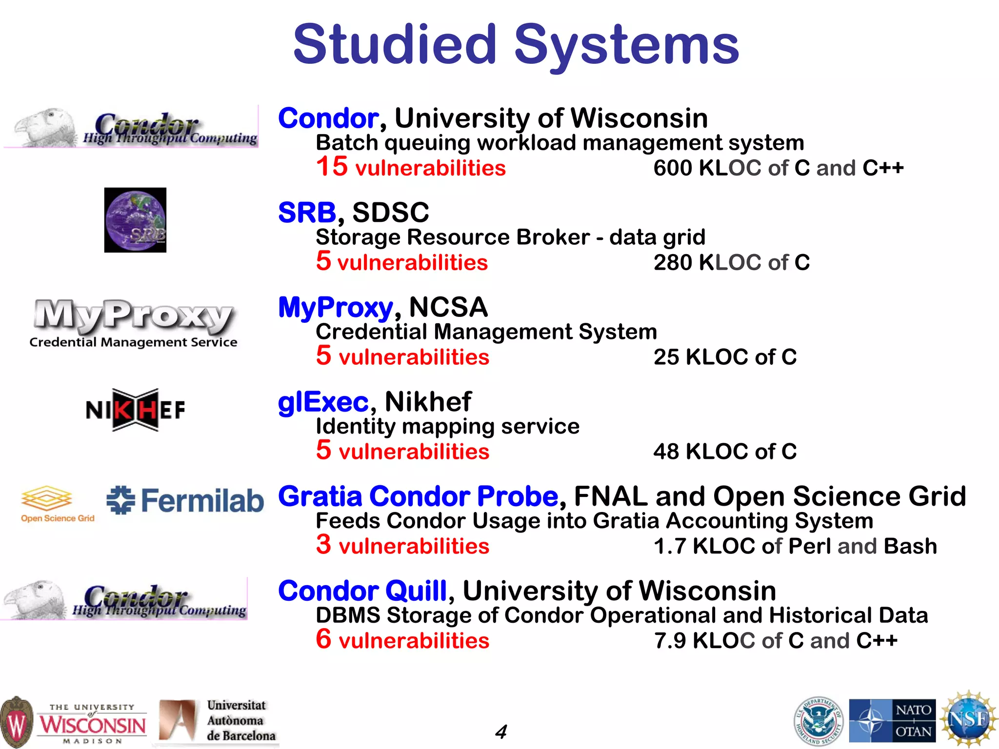 4
Studied Systems
Condor, University of Wisconsin
Batch queuing workload management system
15 vulnerabilities 600 KLOC of C and C++
SRB, SDSC
Storage Resource Broker - data grid
5 vulnerabilities 280 KLOC of C
MyProxy, NCSA
Credential Management System
5 vulnerabilities 25 KLOC of C
glExec, Nikhef
Identity mapping service
5 vulnerabilities 48 KLOC of C
Gratia Condor Probe, FNAL and Open Science Grid
Feeds Condor Usage into Gratia Accounting System
3 vulnerabilities 1.7 KLOC of Perl and Bash
Condor Quill, University of Wisconsin
DBMS Storage of Condor Operational and Historical Data
6 vulnerabilities 7.9 KLOC of C and C++
 