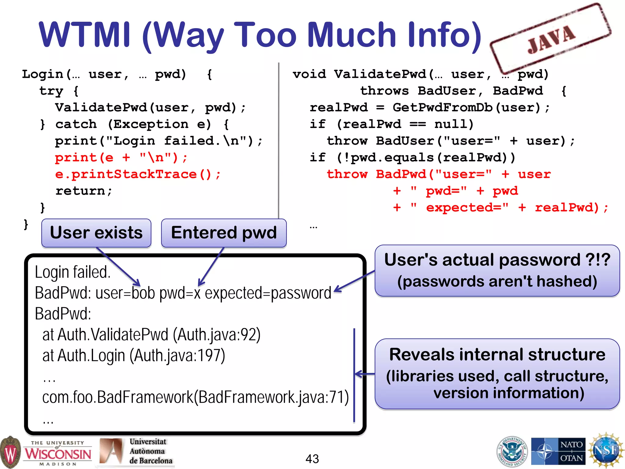 WTMI (Way Too Much Info)
43
Login(… user, … pwd) {
try {
ValidatePwd(user, pwd);
} catch (Exception e) {
print("Login failed.n");
print(e + "n");
e.printStackTrace();
return;
}
}
void ValidatePwd(… user, … pwd)
throws BadUser, BadPwd {
realPwd = GetPwdFromDb(user);
if (realPwd == null)
throw BadUser("user=" + user);
if (!pwd.equals(realPwd))
throw BadPwd("user=" + user
+ " pwd=" + pwd
+ " expected=" + realPwd);
…
Login failed.
BadPwd: user=bob pwd=x expected=password
BadPwd:
at Auth.ValidatePwd (Auth.java:92)
at Auth.Login (Auth.java:197)
…
com.foo.BadFramework(BadFramework.java:71)
...
User exists Entered pwd
User's actual password ?!?
(passwords aren't hashed)
Reveals internal structure
(libraries used, call structure,
version information)
 