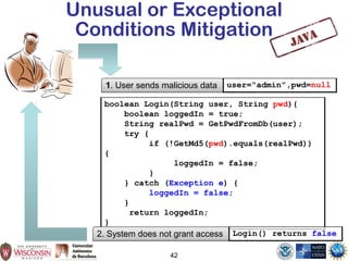Unusual or Exceptional
Conditions Mitigation
boolean Login(String user, String pwd){
boolean loggedIn = true;
String realPwd = GetPwdFromDb(user);
try {
if (!GetMd5(pwd).equals(realPwd))
{
loggedIn = false;
}
} catch (Exception e) {
loggedIn = false;
}
return loggedIn;
}
2. System does not grant access Login() returns false
42
1. User sends malicious data user=“admin”,pwd=null
 