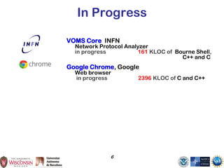 6
In Progress
VOMS Core INFN
Network Protocol Analyzer
in progress 161 KLOC of Bourne Shell,
C++ and C
Google Chrome, Google
Web browser
in progress 2396 KLOC of C and C++
 