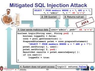 Mitigated SQL Injection Attack
1. User sends malicious data
boolean Login(String user, String pwd) {
boolean loggedIn = false;
conn = pool.getConnection( );
PreparedStatement pstmt = conn.prepareStatement(
"SELECT * FROM members WHERE u = ? AND p = ?");
pstmt.setString( 1, user);
pstmt.setString( 2, pwd);
ResultSet results = pstmt.executeQuery( );
if (rs.next())
loggedIn = true;
}
user="admin"; pwd="' OR 'x'='x"
4. System does not grant access Login() returns false
63
SELECT * FROM members WHERE u = ?1 AND p = ?2
?1 = "admin" ?2 = "' OR 'x'='x"
2. DB Queried 3. Returns null set
 