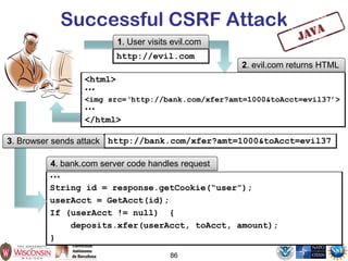 86
Successful CSRF Attack
•••
String id = response.getCookie(“user”);
userAcct = GetAcct(id);
If (userAcct != null) {
deposits.xfer(userAcct, toAcct, amount);
}
<html>
•••
<img src=‘http://bank.com/xfer?amt=1000&toAcct=evil37’>
•••
</html>
http://bank.com/xfer?amt=1000&toAcct=evil37
2. evil.com returns HTML
3. Browser sends attack
4. bank.com server code handles request
http://evil.com
1. User visits evil.com
 