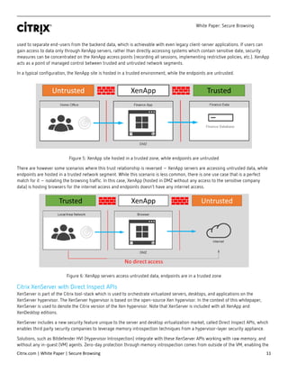 White Paper: Secure Browsing
Citrix.com | White Paper | Secure Browsing 11
used to separate end-users from the backend data, which is achievable with even legacy client-server applications. If users can
gain access to data only through XenApp servers, rather than directly accessing systems which contain sensitive date, security
measures can be concentrated on the XenApp access points (recording all sessions, implementing restrictive policies, etc.). XenApp
acts as a point of managed control between trusted and untrusted network segments.
In a typical configuration, the XenApp site is hosted in a trusted environment, while the endpoints are untrusted.
Figure 5: XenApp site hosted in a trusted zone, while endpoints are untrusted
There are however some scenarios where this trust relationship is reversed – XenApp servers are accessing untrusted data, while
endpoints are hosted in a trusted network segment. While this scenario is less common, there is one use case that is a perfect
match for it – isolating the browsing traffic. In this case, XenApp (hosted in DMZ without any access to the sensitive company
data) is hosting browsers for the internet access and endpoints doesn’t have any internet access.
Figure 6: XenApp servers access untrusted data, endpoints are in a trusted zone
Citrix XenServer with Direct Inspect APIs
XenServer is part of the Citrix tool-stack which is used to orchestrate virtualized servers, desktops, and applications on the
XenServer hypervisor. The XenServer hypervisor is based on the open-source Xen hypervisor. In the context of this whitepaper,
XenServer is used to denote the Citrix version of the Xen hypervisor. Note that XenServer is included with all XenApp and
XenDesktop editions.
XenServer includes a new security feature unique to the server and desktop virtualization market, called Direct Inspect APIs, which
enables third party security companies to leverage memory introspection techniques from a hypervisor-layer security appliance.
Solutions, such as Bitdefender HVI (Hypervisor Introspection) integrate with these XenServer APIs working with raw memory, and
without any in-guest (VM) agents. Zero-day protection through memory introspection comes from outside of the VM, enabling the
 