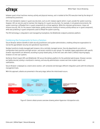 White Paper: Secure Browsing
Citrix.com | White Paper | Secure Browsing 13
between guest virtual machines memory activity and physical memory, and is isolated at the CPU execution level by the design of
contemporary processors.
HVI is not intended to replace in-guest security tools, such as anti-malware agents which, in part, provide file-system scanning.
However, HVI can also be used to maintain the integrity of in-guest security tools. For example, in virtualized environments, file
system scanning is offloaded from in-guest components to a virtual appliance. While this improves performance, it does not
enhance security. HVI, for the reasons noted above, greatly enhances visibility of memory activity without an in-guest component,
while also protecting in-guest components used to offload file system scanning.
The HVI technology is integrated in and managed by GravityZone, the Bitdefender endpoint protection platform.
Combining the Components to form a Solution
Secure Browser delivers benefits to both security practitioners and system administrators, enabling enterprise organizations to
narrow the gap between security and operational requirements.
XenApp transforms locally managed web browsers into a centrally-managed service. Security departments can enforce
configuration best-practices and tight version- and access-controls to user-groups. For example, legacy applications with specific
browser requirements are delivered, according to group-based policy, to the end-users who need it, without requiring legacy
browsers on end-user systems.
XenServer Direct Inspect APIs and Bitdefender HVI secure the delivery platform for the published web browser. Browser services
are tightly secured, activity is monitored in memory, and security administrators receive real-time incident reports and
notifications.
Secure Browser is deployed as a stand-alone solution, self-contained and leverages different integration points with the enterprise
management tools.
With this approach, attacks are prevented in the early stage, before the initial breach occurs.
Figure 8: Generic attack process overview showing where Hypervisor Introspection acts.
 
