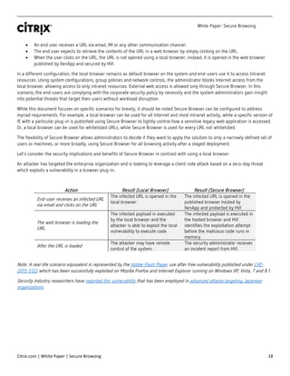 White Paper: Secure Browsing
Citrix.com | White Paper | Secure Browsing 18
• An end user receives a URL via email, IM or any other communication channel.
• The end user expects to retrieve the contents of the URL in a web browser by simply clicking on the URL.
• When the user clicks on the URL, the URL is not opened using a local browser; instead, it is opened in the web browser
published by XenApp and secured by HVI.
In a different configuration, the local browser remains as default browser on the system and end-users use it to access Intranet
resources. Using system configurations, group policies and network controls, the administrator blocks Internet access from the
local browser, allowing access to only intranet resources. External web access is allowed only through Secure Browser. In this
scenario, the end-users are complying with the corporate security policy by necessity and the system administrators gain insight
into potential threats that target their users without workload disruption.
While this document focuses on specific scenarios for brevity, it should be noted Secure Browser can be configured to address
myriad requirements. For example, a local browser can be used for all Internet and most intranet activity, while a specific version of
IE with a particular plug-in is published using Secure Browser to tightly control how a sensitive legacy web application is accessed.
Or, a local browser can be used for whitelisted URLs, while Secure Browser is used for every URL not whitelisted.
The flexibility of Secure Browser allows administrators to decide if they want to apply the solution to only a narrowly defined set of
users or machines, or more broadly, using Secure Browser for all browsing activity after a staged deployment.
Let’s consider the security implications and benefits of Secure Browser in contrast with using a local browser:
An attacker has targeted the enterprise organization and is looking to leverage a client-side attack based on a zero-day threat
which exploits a vulnerability in a browser plug-in.
Action Result (Local Browser) Result (Secure Browser)
End-user receives an infected URL
via email and clicks on the URL
The infected URL is opened in the
local browser.
The infected URL is opened in the
published browser hosted by
XenApp and protected by HVI
The web browser is loading the
URL.
The infected payload in executed
by the local browser and the
attacker is able to exploit the local
vulnerability to execute code.
The infected payload is executed in
the hosted browser and HVI
identifies the exploitation attempt
before the malicious code runs in
memory.
After the URL is loaded
The attacker may have remote
control of the system.
The security administrator receives
an incident report from HVI.
Note: A real-life scenario equivalent is represented by the Adobe Flash Player use after free vulnerability published under CVE-
2015-5122 which has been successfully exploited on Mozilla Firefox and Internet Explorer running on Windows XP, Vista, 7 and 8.1.
Security industry researchers have reported this vulnerability that has been employed in advanced attacks targeting Japanese
organizations.
 