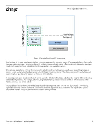 White Paper: Secure Browsing
Citrix.com | White Paper | Secure Browsing 8
Figure 3: Security Agent Basic OS Components
Unfortunately, all in-guest security controls have a common weakness: the operating system APIs. Advanced attacks often employ
elaborate evasion techniques to circumvent security controls while executing in memory. Commonly employed evasion techniques
include multi-staged payloads, code obfuscation through packers and payload encryption.
When a threat is able to run in the system memory, the attack is continued with various exploits used to escalate privileges to
system- or root-level privilege by abusing local vulnerabilities or misconfigurations. If the attacker achieves the ability to execute
code in ring-0, in-guest security tools are at the mercy of the attacker.
As a consequence, agent-based security tools cannot guarantee detection of malicious activity, or the integrity of the system they
are tasked with protecting. For example, advanced, targeted attacks may use sophisticated rootkits to defeat detection while
masking command and control activity.
Security tools can also contain vulnerabilities. Security software components often run with ring-0 privileges. A vulnerability
exploited in a security solution or one of its components represents a potential attack vector that with a path to full system
compromise. Over the past years, several cases have been publicly reported.
 
