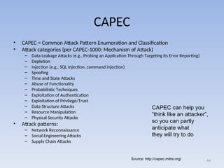 CAPEC
• CAPEC = Common Attack Pattern Enumeration and Classification
• Attack categories (per CAPEC-1000: Mechanism of Attack)
– Data Leakage Attacks (e.g., Probing an Application Through Targeting its Error Reporting)
– Depletion
– Injection (e.g., SQL injection, command injection)
– Spoofing
– Time and State Attacks
– Abuse of Functionality
– Probabilistic Techniques
– Exploitation of Authentication
– Exploitation of Privilege/Trust
– Data Structure Attacks
– Resource Manipulation
– Physical Security Attacks
• Attack patterns:
– Network Reconnaissance
– Social Engineering Attacks
– Supply Chain Attacks
64
Source: http://capec.mitre.org/
CAPEC can help you
“think like an attacker”,
so you can partly
anticipate what
they will try to do
 