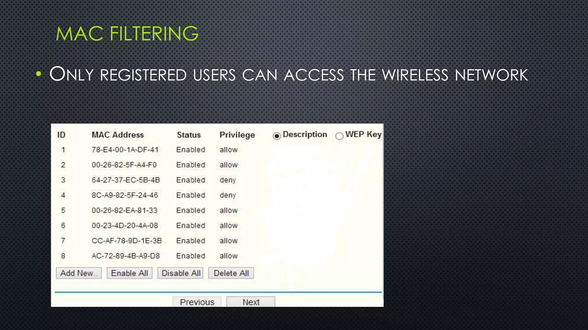 MAC FILTERING
• ONLY REGISTERED USERS CAN ACCESS THE WIRELESS NETWORK
 