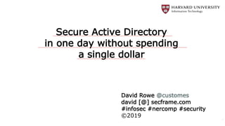 Secure Active Directory
in one day without spending
a single dollar
1
David Rowe @customes
david [@] secframe.com
#infosec #nercomp #security
©2019
 
