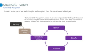 Identify
Classify
Prioritize
Remediate/
Mitigate
Attacker
Story
The Vulnerability Management process must occur independent of the Project. There must
be cautious during the Classification and Prioritization phases, since there is likelihood of
releasing software with vulnerabilities to be patched after some accepted period
Secure SDLC - SCRUM
Vulnerability Management
Backlog
I mean, some parts are well thought and adapted , but the issue is not solved yet.
 
