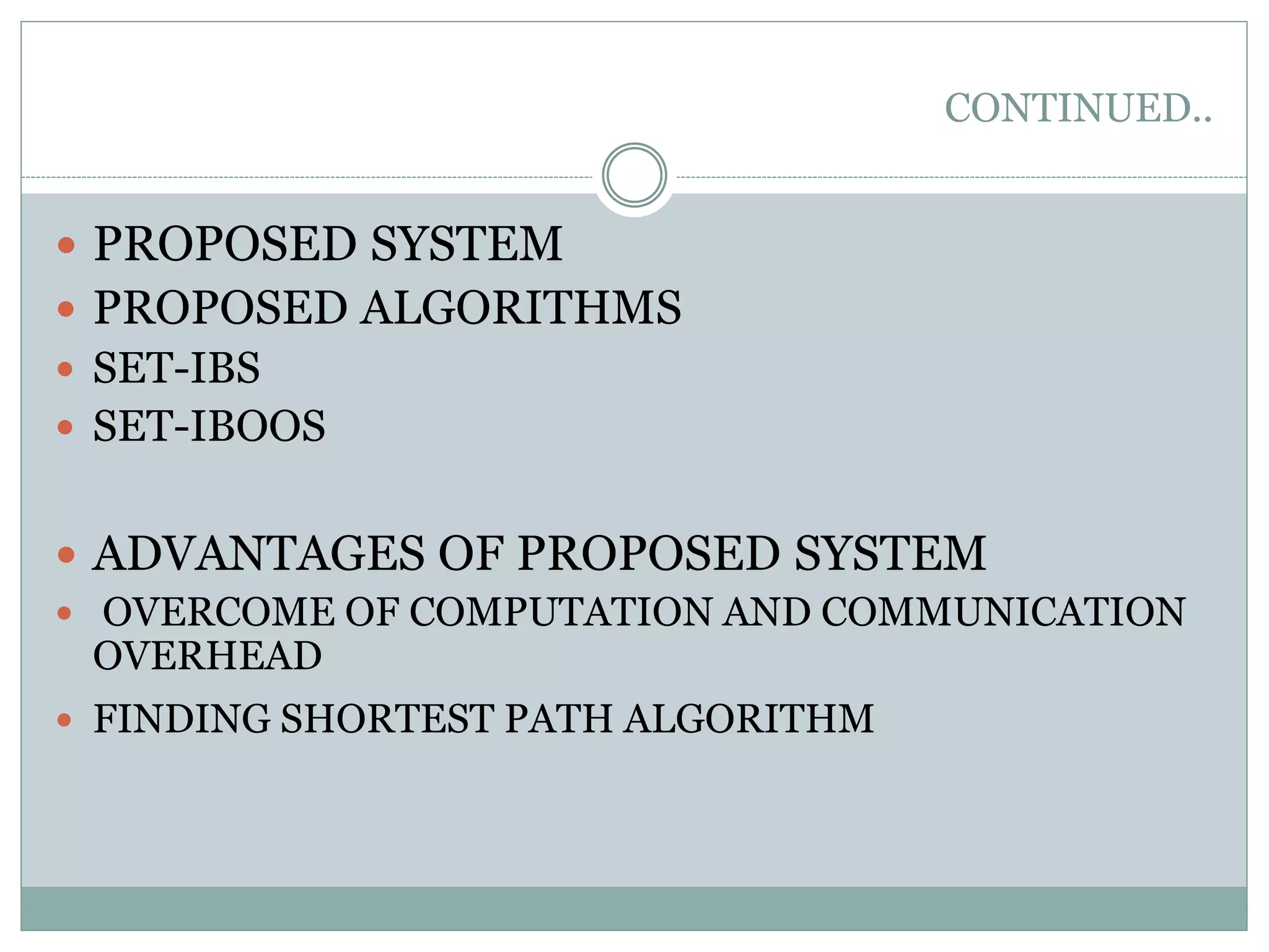 CONTINUED..  PROPOSED SYSTEM  PROPOSED ALGORITHMS  SET-IBS  SET-IBOOS  ADVANTAGES OF PROPOSED SYSTEM  OVERCOME OF COMPUTATION AND COMMUNICATION OVERHEAD  FINDING SHORTEST PATH ALGORITHM 