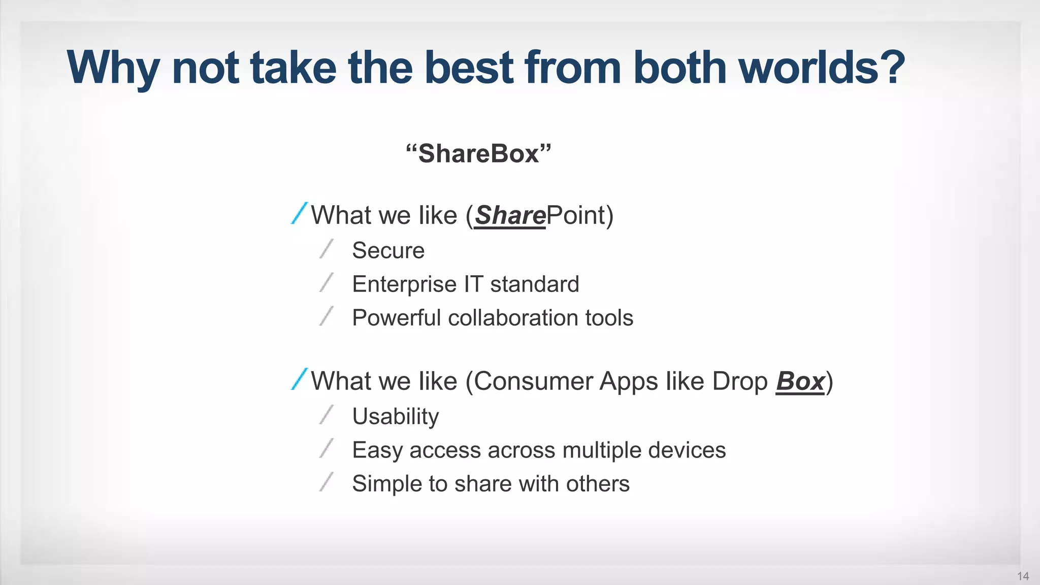 What we like (SharePoint)
Secure
Enterprise IT standard
Powerful collaboration tools
Why not take the best from both worlds?
What we like (Consumer Apps like Drop Box)
Usability
Easy access across multiple devices
Simple to share with others
14
“ShareBox”
 