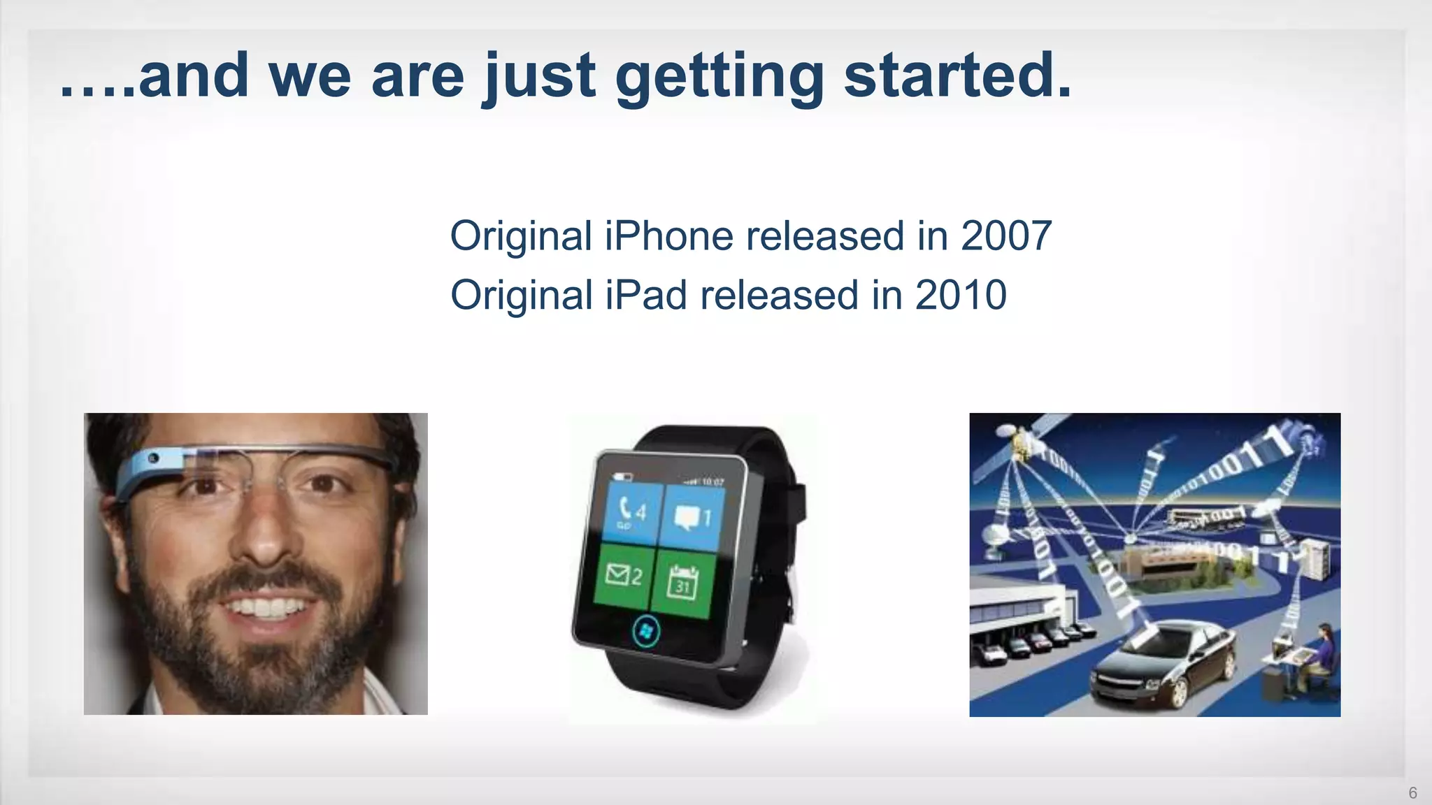 Original iPhone released in 2007
….and we are just getting started.
Original iPad released in 2010
6
 