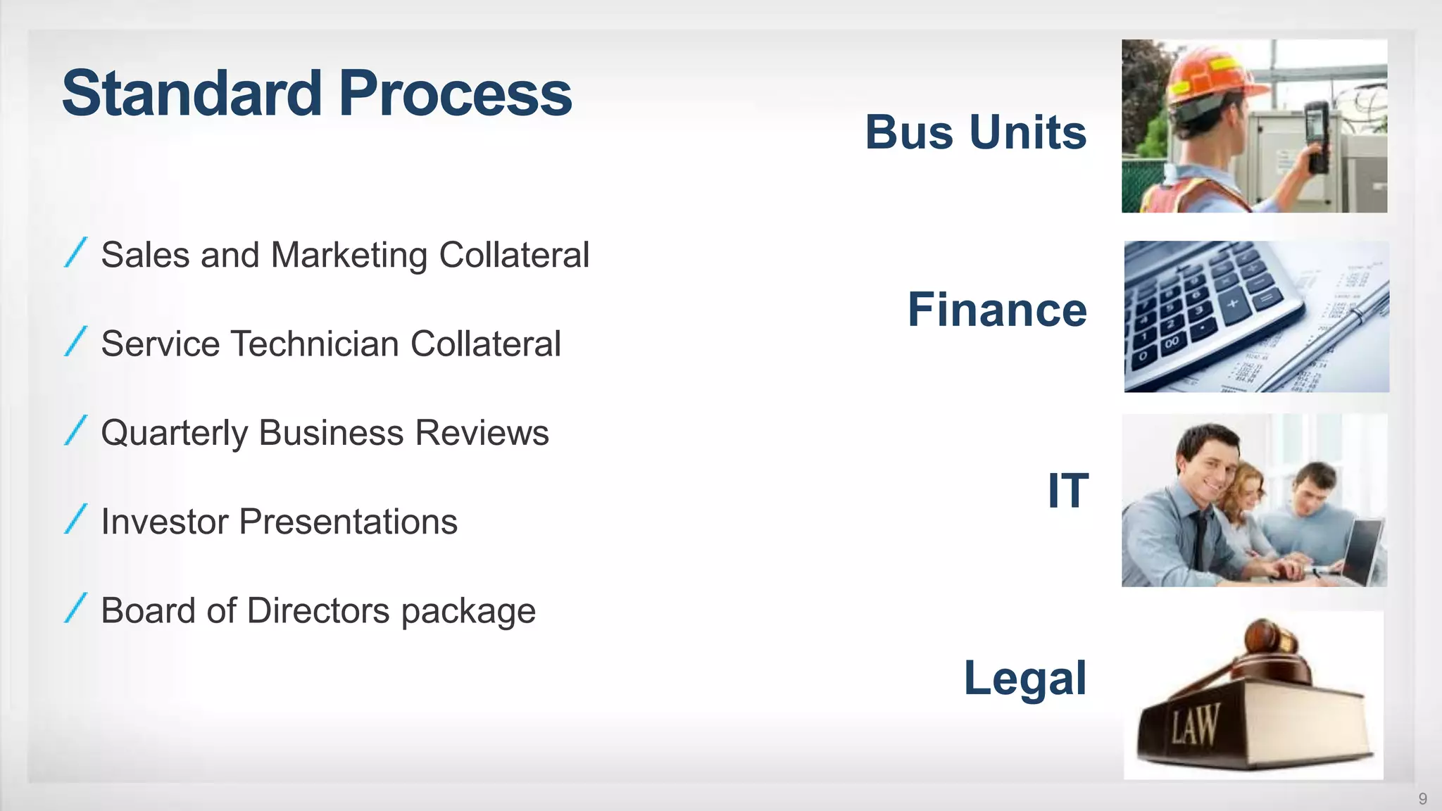 Standard Process
9
Bus Units
Finance
IT
Legal
Sales and Marketing Collateral
Service Technician Collateral
Quarterly Business Reviews
Investor Presentations
Board of Directors package
 