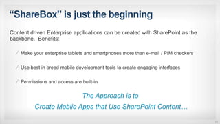 “ShareBox” is just the beginning
17
Content driven Enterprise applications can be created with SharePoint as the
backbone. Benefits:
Make your enterprise tablets and smartphones more than e-mail / PIM checkers
Use best in breed mobile development tools to create engaging interfaces
Permissions and access are built-in
The Approach is to
Create Mobile Apps that Use SharePoint Content…
 