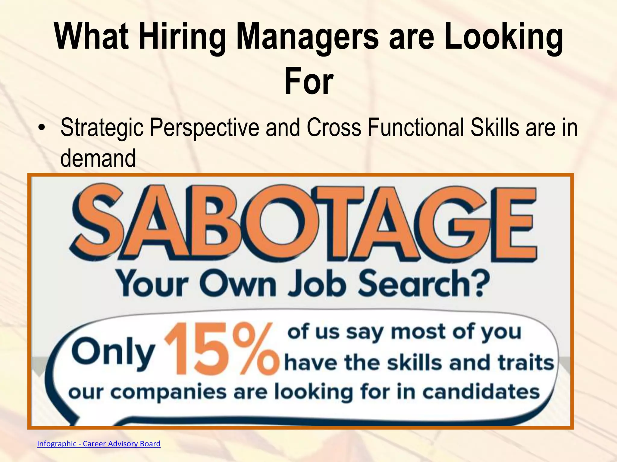 What Hiring Managers are Looking
For
• Strategic Perspective and Cross Functional Skills are in
demand
Infographic - Career Advisory Board
 