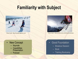 Familiarity with Subject
• New Concept
– Keynote
– Capabilities
Presentation
– Podcast
• Good Foundation
– Breakout Session
– Book
– Training Bootcamp
Photo Credit: http://nevadamagazine.com/ Photo Credit: http://content.time.com/time/photoessays
 