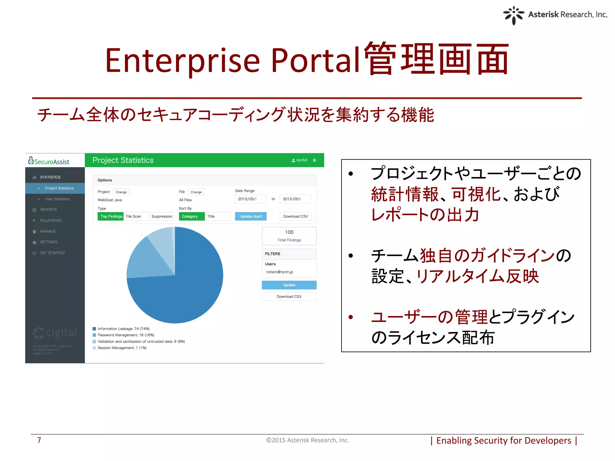 Enterprise	
  Portal管理画面	
|	
  Enabling	
  Security	
  for	
  Developers	
  |	
  	
©2015	
  Asterisk	
  Research,	
  Inc.	
7	
•  プロジェクトやユーザーごとの
統計情報、可視化、および　
レポートの出力	
  
•  チーム独自のガイドラインの
設定、リアルタイム反映	
  
•  ユーザーの管理とプラグイン
のライセンス配布	
チーム全体のセキュアコーディング状況を集約する機能	
 