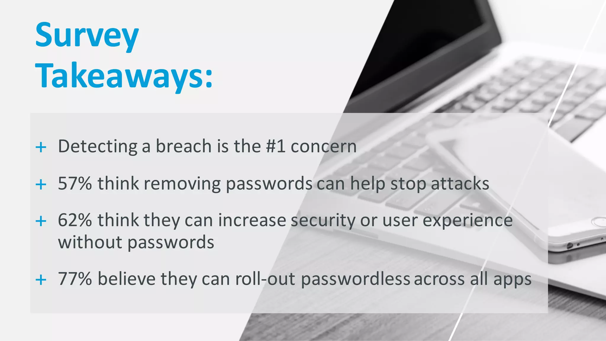 Survey	
  
Takeaways:
+ Detecting	
  a	
  breach	
  is	
  the	
  #1	
  concern
+ 57%	
  think	
  removing	
  passwords	
  can	
  help	
  stop	
  attacks	
  
+ 62%	
  think	
  they	
  can	
  increase	
  security	
  or	
  user	
  experience	
  
without	
  passwords
+ 77%	
  believe	
  they	
  can	
  roll-­‐out	
  passwordlessacross	
  all	
  apps
 
