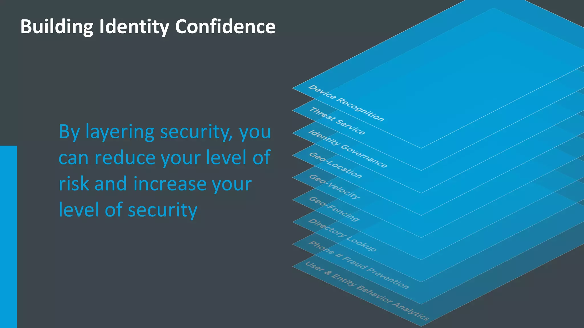 Building	
  Identity	
  Confidence
By	
  layering	
  security,	
  you	
  
can	
  reduce	
  your	
  level	
  of	
  
risk and increase	
  your	
  
level	
  of	
  security
 