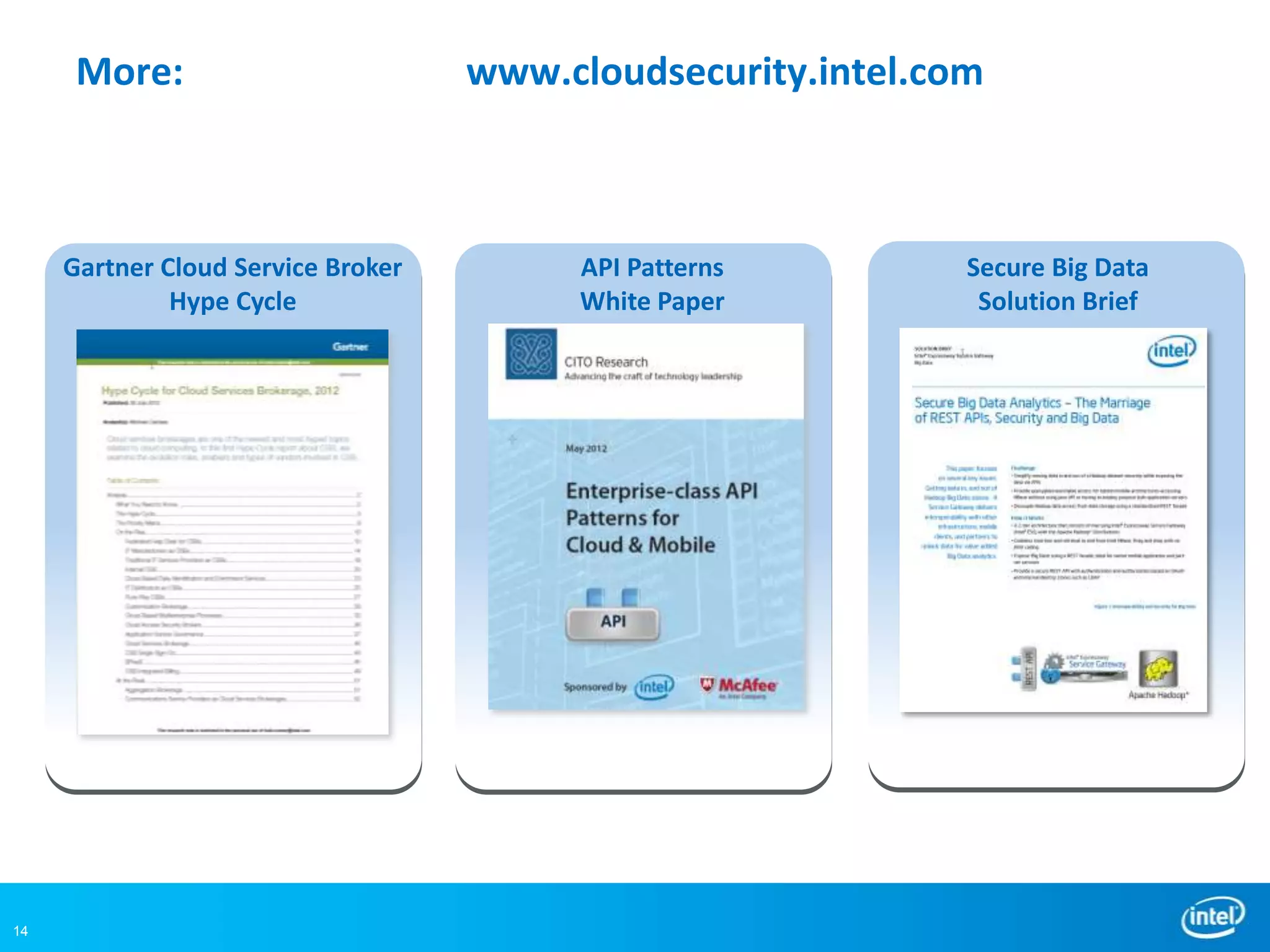 More:                         www.cloudsecurity.intel.com



     Gartner Cloud Service Broker        API Patterns         Secure Big Data
              Hype Cycle                 White Paper           Solution Brief




14
 