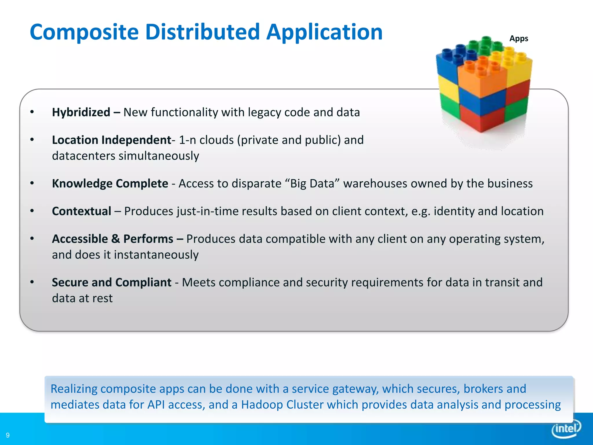 Composite Distributed Application                                                          Apps




    •   Hybridized – New functionality with legacy code and data

    •   Location Independent- 1-n clouds (private and public) and
        datacenters simultaneously

    •   Knowledge Complete - Access to disparate “Big Data” warehouses owned by the business

    •   Contextual – Produces just-in-time results based on client context, e.g. identity and location

    •   Accessible & Performs – Produces data compatible with any client on any operating system,
        and does it instantaneously

    •   Secure and Compliant - Meets compliance and security requirements for data in transit and
        data at rest




        Realizing composite apps can be done with a service gateway, which secures, brokers and
        mediates data for API access, and a Hadoop Cluster which provides data analysis and processing

9
 