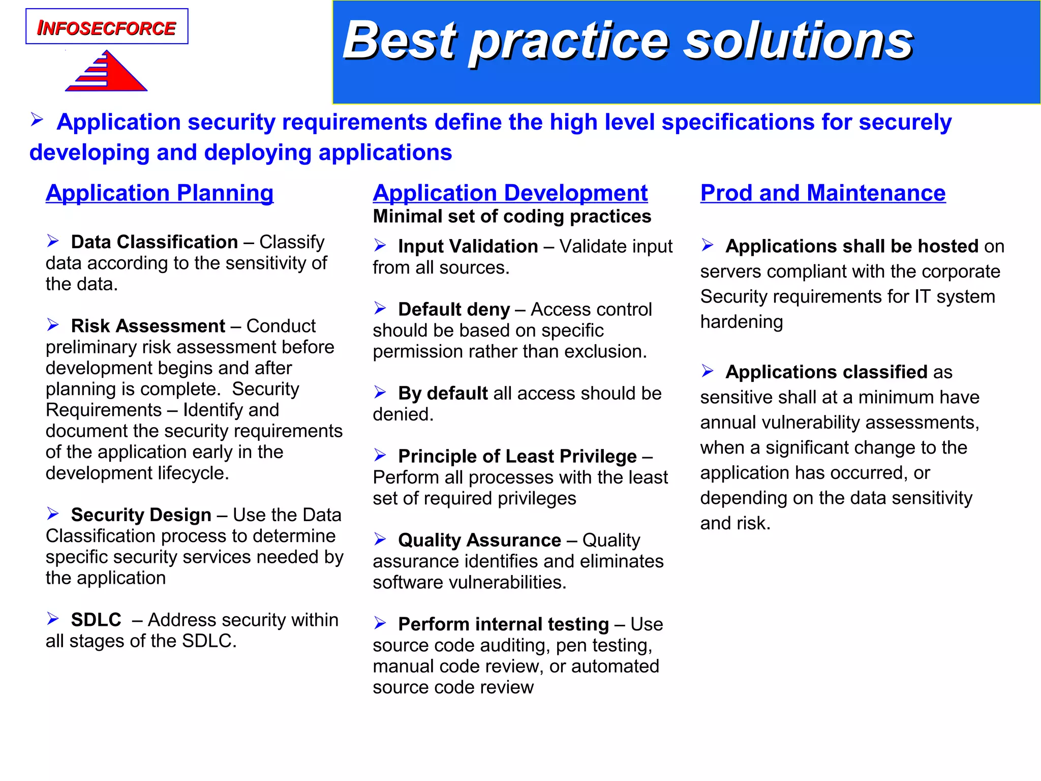 IINFOSECFORCENFOSECFORCE
Best practice solutionsBest practice solutions
 Application security requirements define the high level specifications for securely
developing and deploying applications
Application Planning
 Data Classification – Classify
data according to the sensitivity of
the data.
 Risk Assessment – Conduct
preliminary risk assessment before
development begins and after
planning is complete. Security
Requirements – Identify and
document the security requirements
of the application early in the
development lifecycle.
 Security Design – Use the Data
Classification process to determine
specific security services needed by
the application
 SDLC – Address security within
all stages of the SDLC.
Application Development
Minimal set of coding practices
 Input Validation – Validate input
from all sources.
 Default deny – Access control
should be based on specific
permission rather than exclusion.
 By default all access should be
denied.
 Principle of Least Privilege –
Perform all processes with the least
set of required privileges
 Quality Assurance – Quality
assurance identifies and eliminates
software vulnerabilities.
 Perform internal testing – Use
source code auditing, pen testing,
manual code review, or automated
source code review
Prod and Maintenance
 Applications shall be hosted on
servers compliant with the corporate
Security requirements for IT system
hardening
 Applications classified as
sensitive shall at a minimum have
annual vulnerability assessments,
when a significant change to the
application has occurred, or
depending on the data sensitivity
and risk.
 