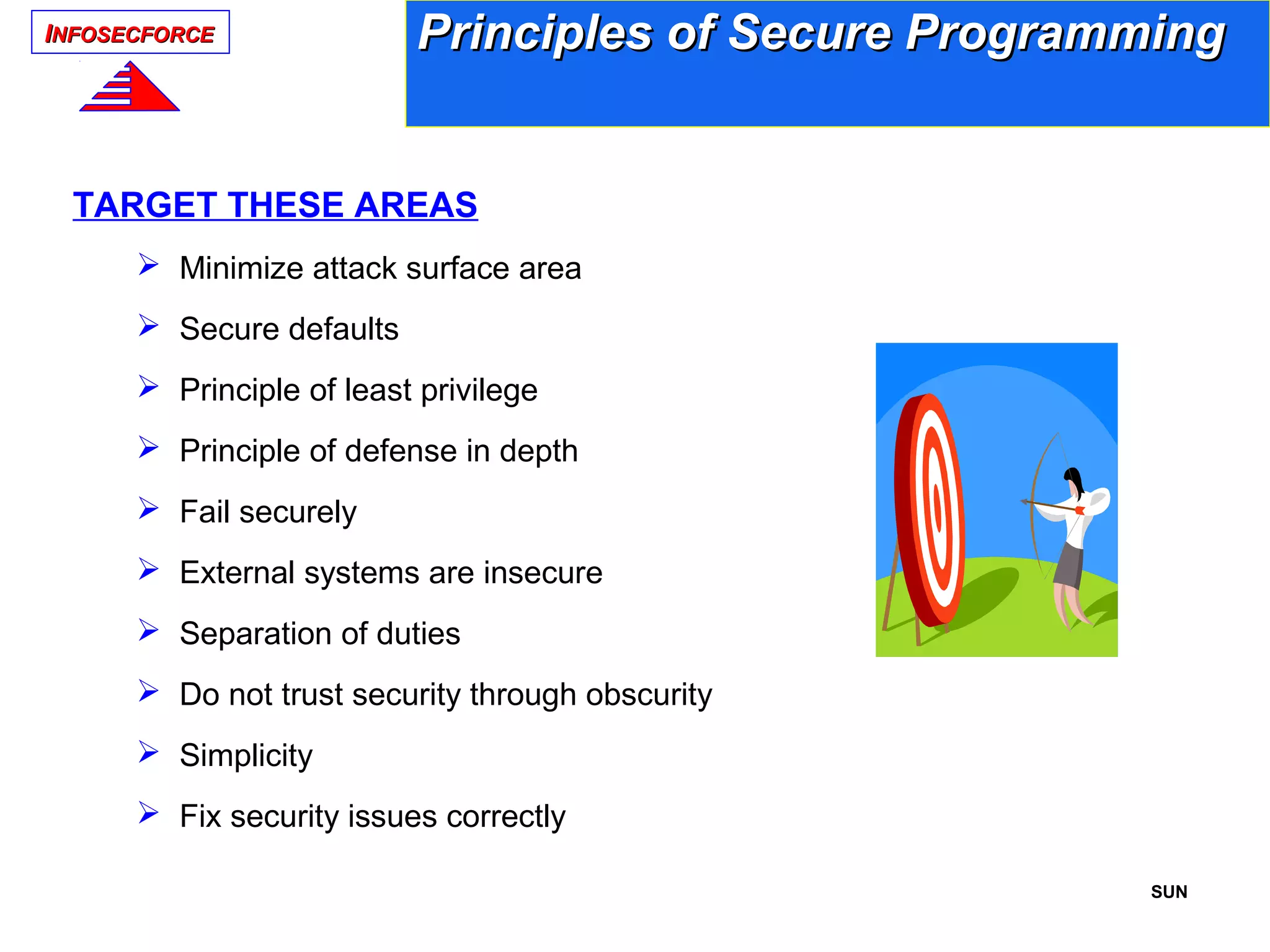 IINFOSECFORCENFOSECFORCE
TARGET THESE AREAS
 Minimize attack surface area
 Secure defaults
 Principle of least privilege
 Principle of defense in depth
 Fail securely
 External systems are insecure
 Separation of duties
 Do not trust security through obscurity
 Simplicity
 Fix security issues correctly
SUN
Principles of Secure ProgrammingPrinciples of Secure Programming
 