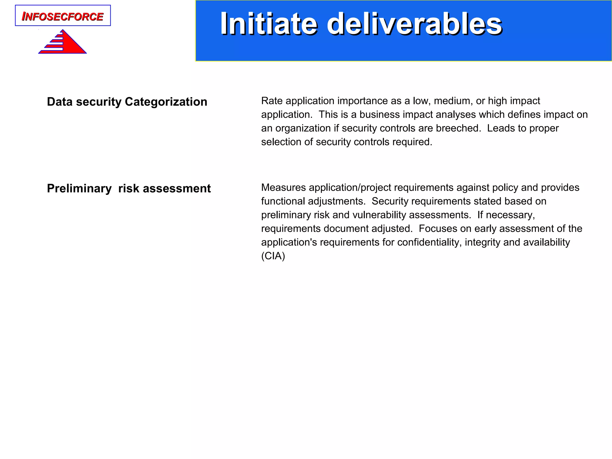 IINFOSECFORCENFOSECFORCE
Initiate deliverablesInitiate deliverables
Data security Categorization Rate application importance as a low, medium, or high impact
application. This is a business impact analyses which defines impact on
an organization if security controls are breeched. Leads to proper
selection of security controls required.
Preliminary risk assessment Measures application/project requirements against policy and provides
functional adjustments. Security requirements stated based on
preliminary risk and vulnerability assessments. If necessary,
requirements document adjusted. Focuses on early assessment of the
application's requirements for confidentiality, integrity and availability
(CIA)
 