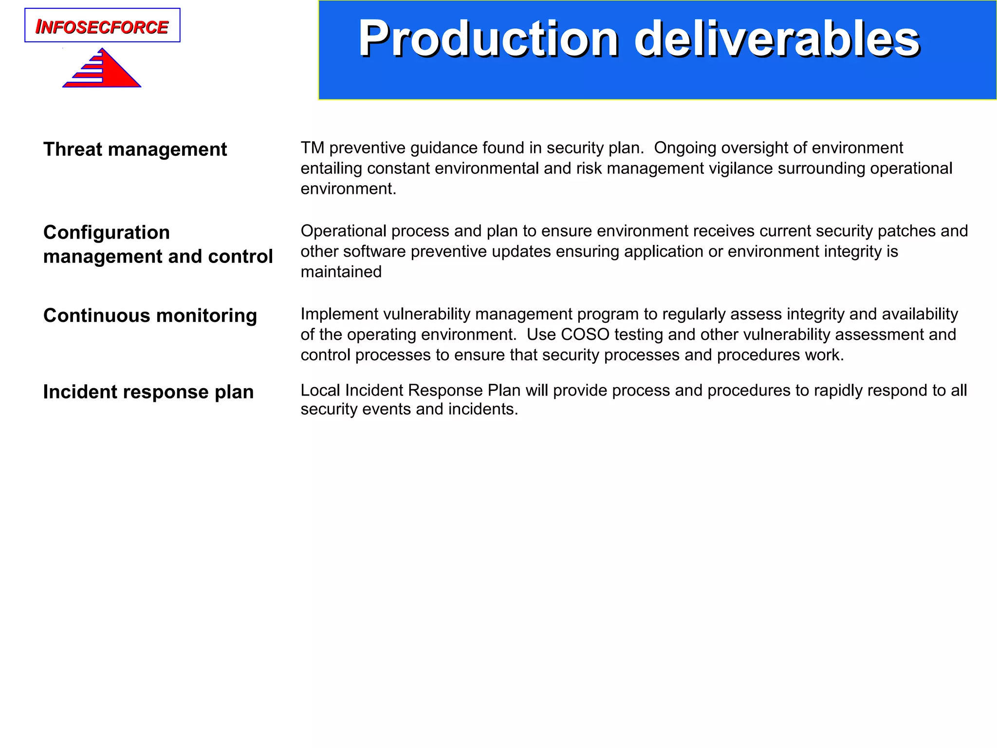 IINFOSECFORCENFOSECFORCE
Production deliverablesProduction deliverables
Threat management TM preventive guidance found in security plan. Ongoing oversight of environment
entailing constant environmental and risk management vigilance surrounding operational
environment.
Configuration
management and control
Operational process and plan to ensure environment receives current security patches and
other software preventive updates ensuring application or environment integrity is
maintained
Continuous monitoring Implement vulnerability management program to regularly assess integrity and availability
of the operating environment. Use COSO testing and other vulnerability assessment and
control processes to ensure that security processes and procedures work.
Incident response plan Local Incident Response Plan will provide process and procedures to rapidly respond to all
security events and incidents.
 
