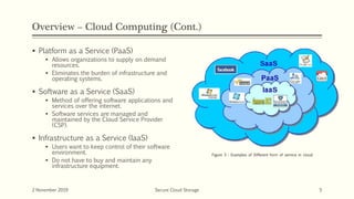 Overview – Cloud Computing (Cont.)
 Platform as a Service (PaaS)
 Allows organizations to supply on demand
resources.
 Eliminates the burden of infrastructure and
operating systems.
 Software as a Service (SaaS)
 Method of offering software applications and
services over the internet.
 Software services are managed and
maintained by the Cloud Service Provider
(CSP).
 Infrastructure as a Service (IaaS)
 Users want to keep control of their software
environment.
 Do not have to buy and maintain any
infrastructure equipment.
2 November 2019 Secure Cloud Storage 5
Figure 3 : Examples of Different form of service in cloud
 
