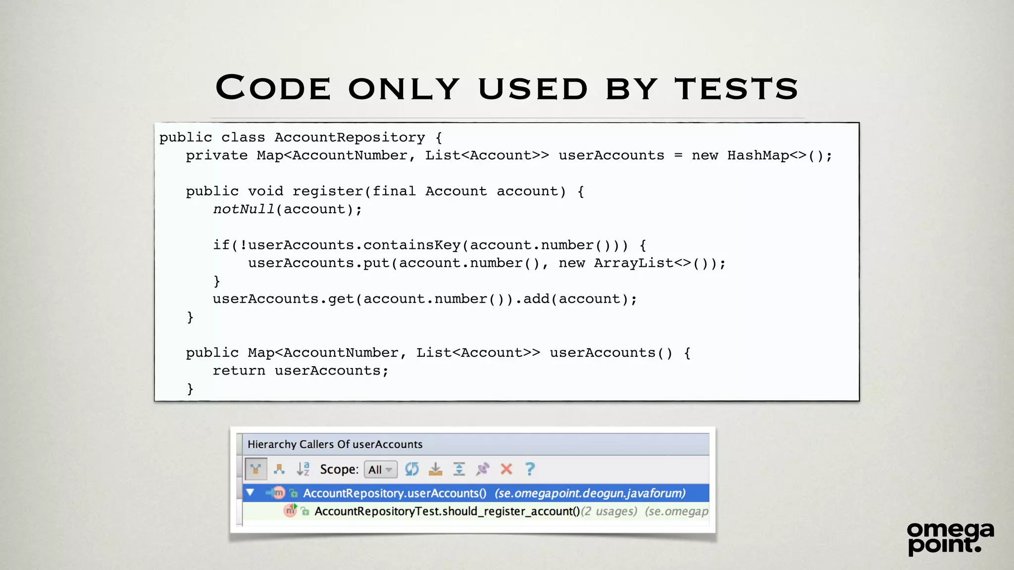 Code only used by tests 
public class AccountRepository {! 
private Map<AccountNumber, List<Account>> userAccounts = new HashMap<>();! 
! 
public void register(final Account account) {! 
notNull(account);! 
! 
if(!userAccounts.containsKey(account.number())) {! 
userAccounts.put(account.number(), new ArrayList<>());! 
}! 
userAccounts.get(account.number()).add(account);! 
}! 
! 
public Map<AccountNumber, List<Account>> userAccounts() {! 
return userAccounts;! 
} 
 
