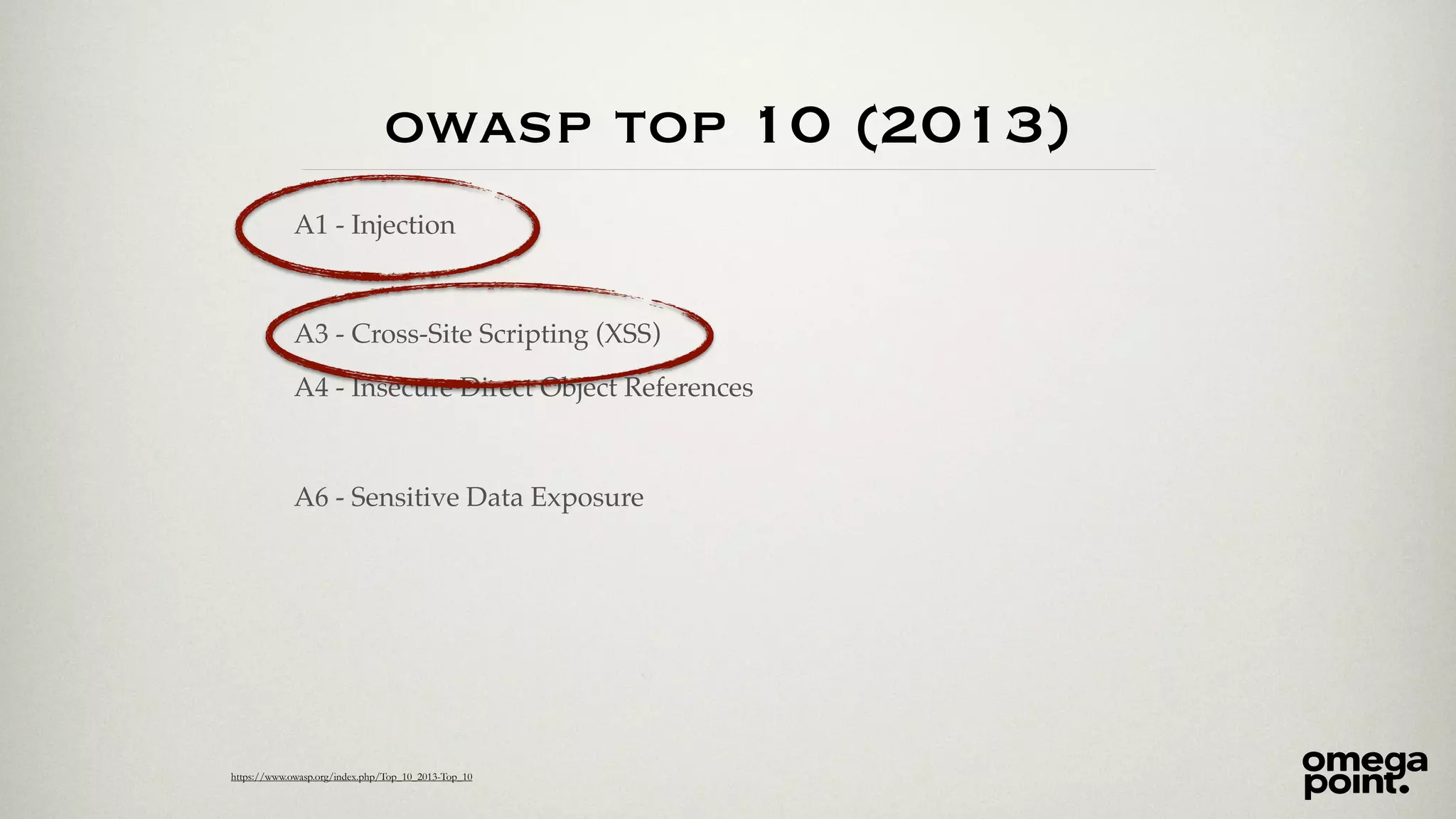 owasp top 10 (2013) 
A1 - Injection 
A3 - Cross-Site Scripting (XSS) 
A4 - Insecure Direct Object References 
A6 - Sensitive Data Exposure 
https://www.owasp.org/index.php/Top_10_2013-Top_10 
 