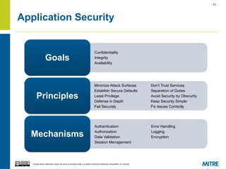 | 11 |
Except where otherwise noted, this work is licensed under a Creative Commons Attribution-ShareAlike 3.0 License.
Application Security
Goals
Principles
Mechanisms
Minimize Attack Surfaces Don't Trust Services
Establish Secure Defaults Separation of Duties
Least Privilege Avoid Security by Obscurity
Defense in Depth Keep Security Simple
Fail Securely Fix Issues Correctly
Confidentiality
Integrity
Availability
Authentication Error Handling
Authorization Logging
Data Validation Encryption
Session Management
 