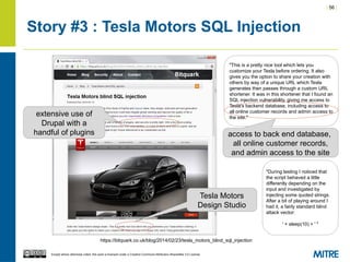 | 56 |
Except where otherwise noted, this work is licensed under a Creative Commons Attribution-ShareAlike 3.0 License.
Story #3 : Tesla Motors SQL Injection
https://bitquark.co.uk/blog/2014/02/23/tesla_motors_blind_sql_injection
Tesla Motors
Design Studio
extensive use of
Drupal with a
handful of plugins
"During testing I noticed that
the script behaved a little
differently depending on the
input and investigated by
injecting some quoted strings.
After a bit of playing around I
had it, a fairly standard blind
attack vector:
' + sleep(10) + ' "
"This is a pretty nice tool which lets you
customize your Tesla before ordering. It also
gives you the option to share your creation with
others by way of a unique URL which Tesla
generates then passes through a custom URL
shortener. It was in this shortener that I found an
SQL injection vulnerability, giving me access to
Tesla's backend database, including access to
all online customer records and admin access to
the site."
access to back end database,
all online customer records,
and admin access to the site
 