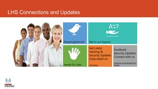 LHS Connections and Updates




                    #HackingTechnoS

                                      Get Latest       Facebook
                                      Hacking &
                                                       Security Updates
                                      Security Updates Connect with us
                                      Subscribed on
                                                       Facebook.com/HackingTechn
                    Hands-On Labs     LHS/ePaper       ologies
 