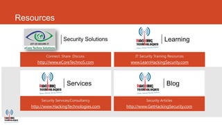 Resources




      http://www.eCoreTechnoS.com         www.LearnHackingSecurity.com




   http://www.HackingTechnologies.com   http://www.GetHackingSecurity.com
 