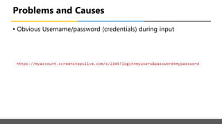 Problems and Causes
• Obvious Username/password (credentials) during input
 