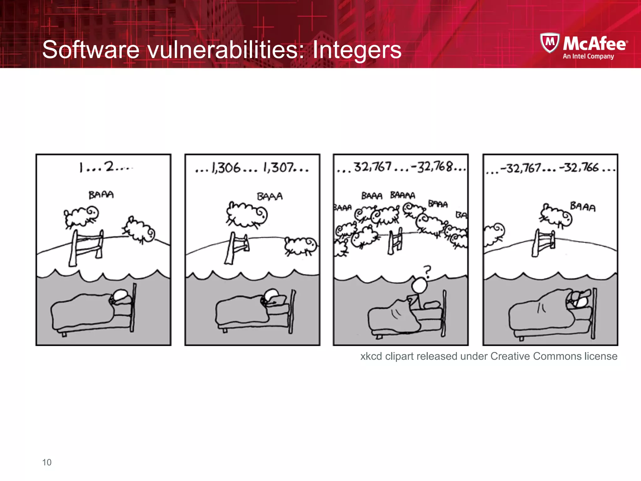 McAfee Confidential—Internal Use Only
Software vulnerabilities: Integers
10
xkcd clipart released under Creative Commons license
 