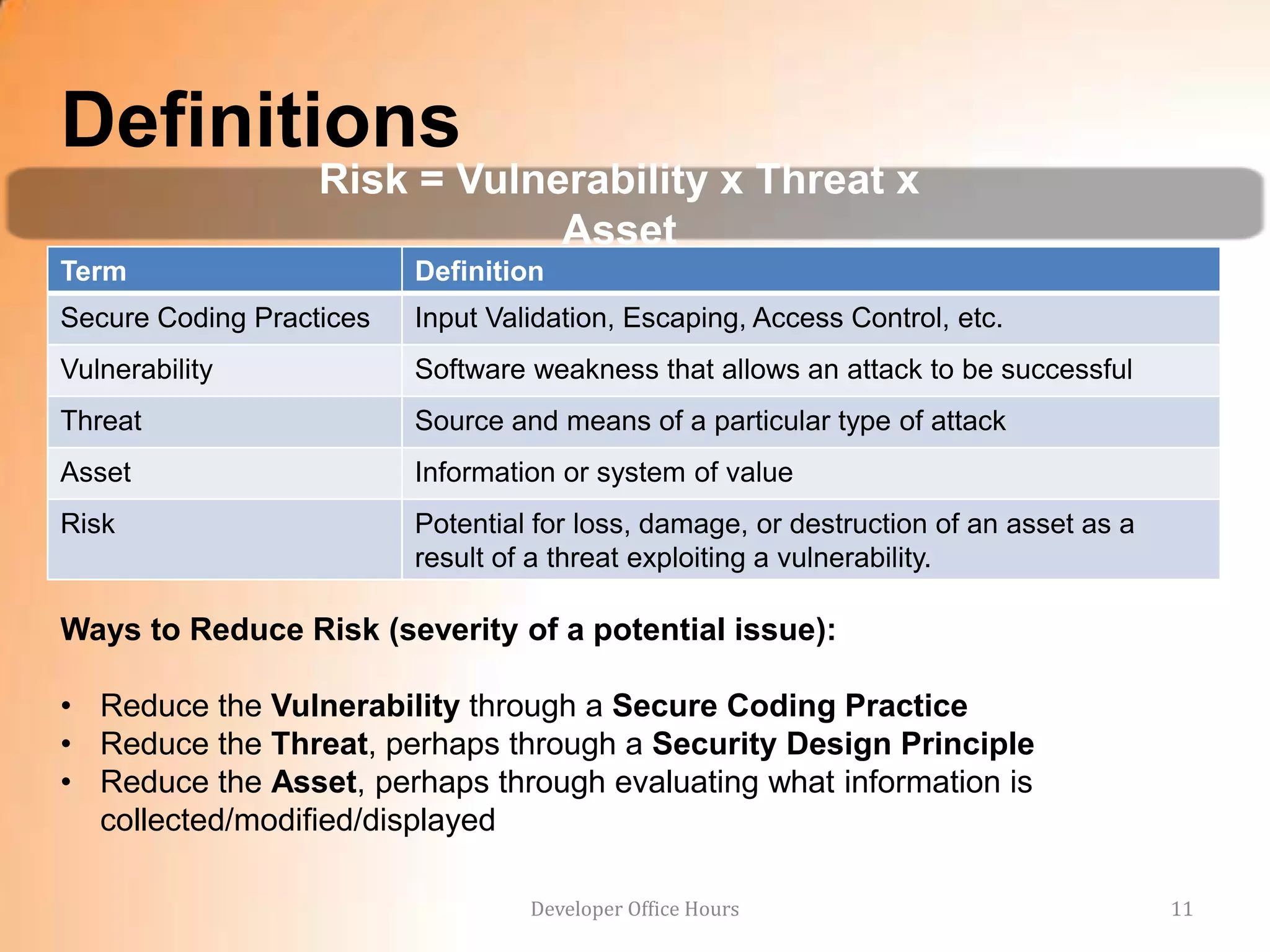 Definitions
                   Risk = Vulnerability x Threat x
                               Asset
Term                      Definition
Secure Coding Practices   Input Validation, Escaping, Access Control, etc.
Vulnerability             Software weakness that allows an attack to be successful
Threat                    Source and means of a particular type of attack
Asset                     Information or system of value
Risk                      Potential for loss, damage, or destruction of an asset as a
                          result of a threat exploiting a vulnerability.

Ways to Reduce Risk (severity of a potential issue):

• Reduce the Vulnerability through a Secure Coding Practice
• Reduce the Threat, perhaps through a Security Design Principle
• Reduce the Asset, perhaps through evaluating what information is
  collected/modified/displayed

                                   Developer Office Hours                               11
 