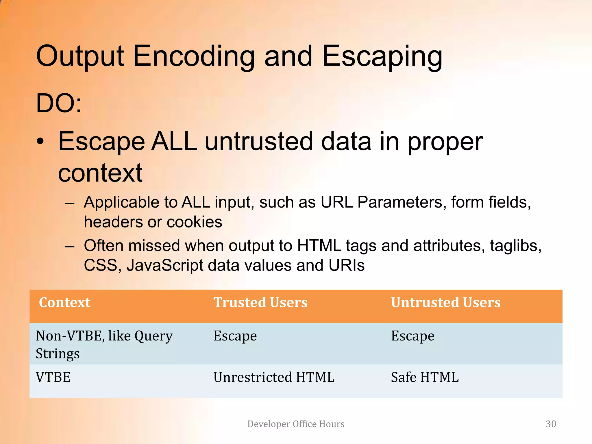 Output Encoding and Escaping
DO:
• Escape ALL untrusted data in proper
  context
    – Applicable to ALL input, such as URL Parameters, form fields,
      headers or cookies
    – Often missed when output to HTML tags and attributes, taglibs,
      CSS, JavaScript data values and URIs

Context                Trusted Users                 Untrusted Users

Non-VTBE, like Query   Escape                        Escape
Strings
VTBE                   Unrestricted HTML             Safe HTML


                            Developer Office Hours                     30
 