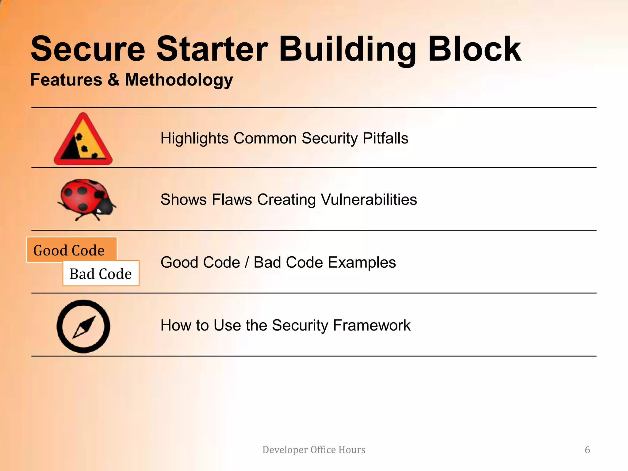 Secure Starter Building Block
Features & Methodology


               Highlights Common Security Pitfalls


               Shows Flaws Creating Vulnerabilities


Good Code
               Good Code / Bad Code Examples
    Bad Code


               How to Use the Security Framework




                             Developer Office Hours   6
 