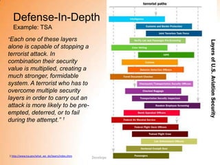 Defense-In-Depth
  Example: TSA
“Each one of these layers
alone is capable of stopping a
terrorist attack. In
combination their security
value is multiplied, creating a
much stronger, formidable
system. A terrorist who has to
overcome multiple security
layers in order to carry out an
attack is more likely to be pre-
empted, deterred, or to fail
during the attempt.” 1




1 http://www.tsa.gov/what_we_do/layers/index.shtm
                                                    Developer Office Hours   22
 